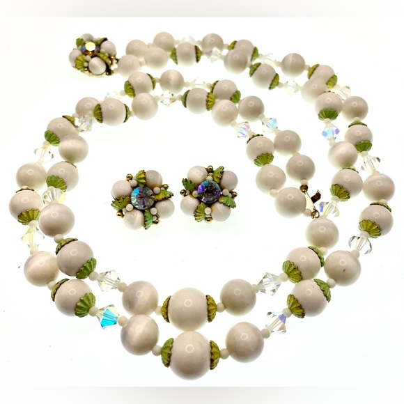 Vintage Jewelry - Vintage MCM Double Strand Acrylic Bead Faceted Crystals Necklace with Earrings